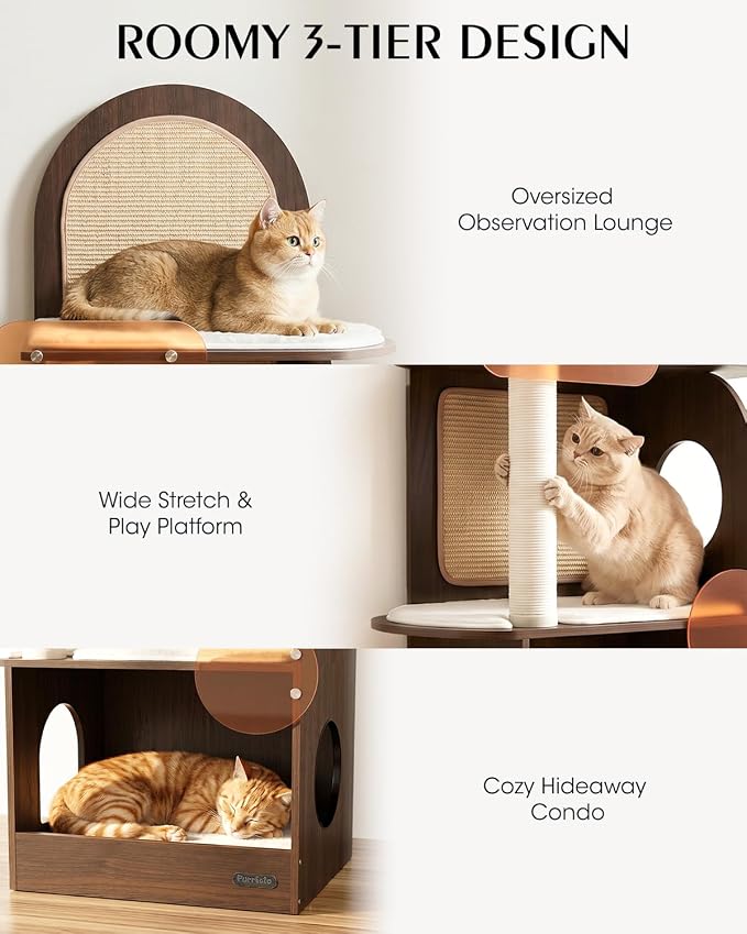 47" Solid Wood Cat Tree, Modern Cat Furniture for Large Cats | Scratch-Resistant Hardwood, Walnut or Maple Finish, Machine-Washable Cushion, Anti-Tip Base, 30-Min Assembly, Indoor Use