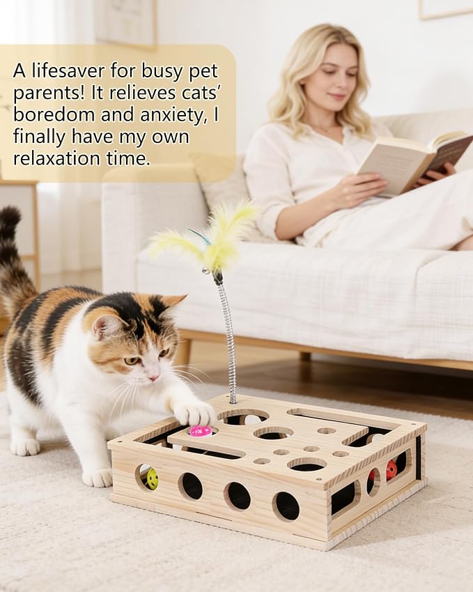 Cat Toys for Indoor Cats – Interactive Wooden Puzzle Box | with Nail File Scratcher, 3 Jingle Balls & Feather Wand, Hunting Play Toy for Bored Felines