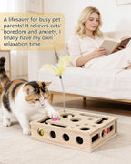 Cat Toys for Indoor Cats – Interactive Wooden Puzzle Box | with Nail File Scratcher, 3 Jingle Balls & Feather Wand, Hunting Play Toy for Bored Felines