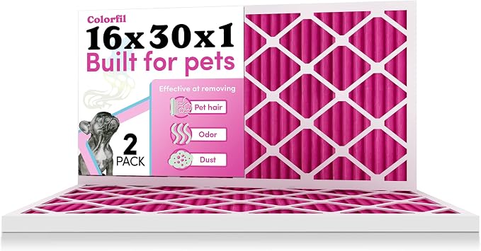 16x30x1 Air Filter by Colorfil | Color Changing Filters for Cat and Dog Odor | MERV 8 Furnace AC Filter for Pet Hair and Dust | 15.75"x29.75"x0.75" Exact Size | Pack of 2