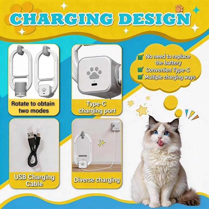 Interactive cat toy, Electric cat teaser, Door clip, 2 Motion modes,Gray | 360° Rotation • Random Jumping • Type-C Rechargeable • Door Clip Design • For Indoor Cats