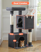 XL Cat Tree 44" Cat Tower for Large Cats 20 lbs, 2 Spacious Caves | Multi-Level Cat Tree with Scratching Posts, Soft Padded Perch, 2 Dangling Toys