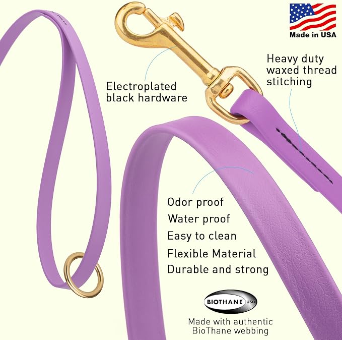 Viper Biothane K9 Working Dog Leash Waterproof Lead for Tracking Training Schutzhund Odor-Proof Long Line with Solid Brass Snap for Puppy Medium and Large Dogs 4ft, Amethyst Purple