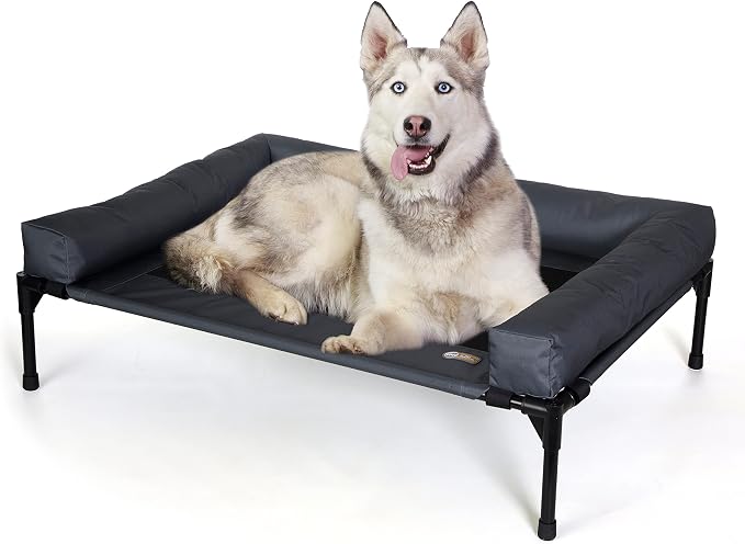 K&H Outdoor Elevated Dog Bed, Bolster Pet Cot, Large 42x30in, Charcoal | Pet Cot for Large Pets, Washable Mesh Center Hammock with Removable Washable Bolsters, Indoor / Outdoor Dog Bed, Metal Frame