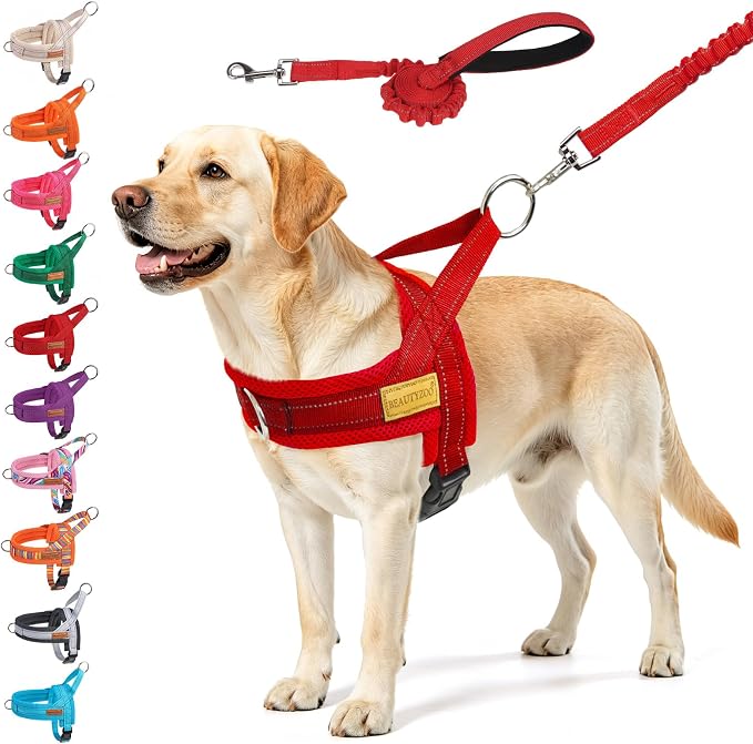 BEAUTYZOO Dog Harness for Large Dogs, No Pull Dog Harness and Leash Set, Soft Escape Proof Puppy Vest Harness with Handle, Reflective Lightweight Step in Harness for Girl Boy Dogs, Red L