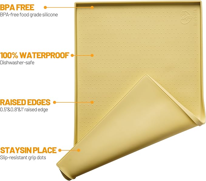 Hubulk Dog Feeding Mat,100% Waterproof Food Grade Silicone Pet Food and Water Bowl Placemat,Dishwasher, High Raised Edge to Prevent Spills,Nonslip Tray to Stop Messes on Floor (24"x16"x0.5", Yellow)