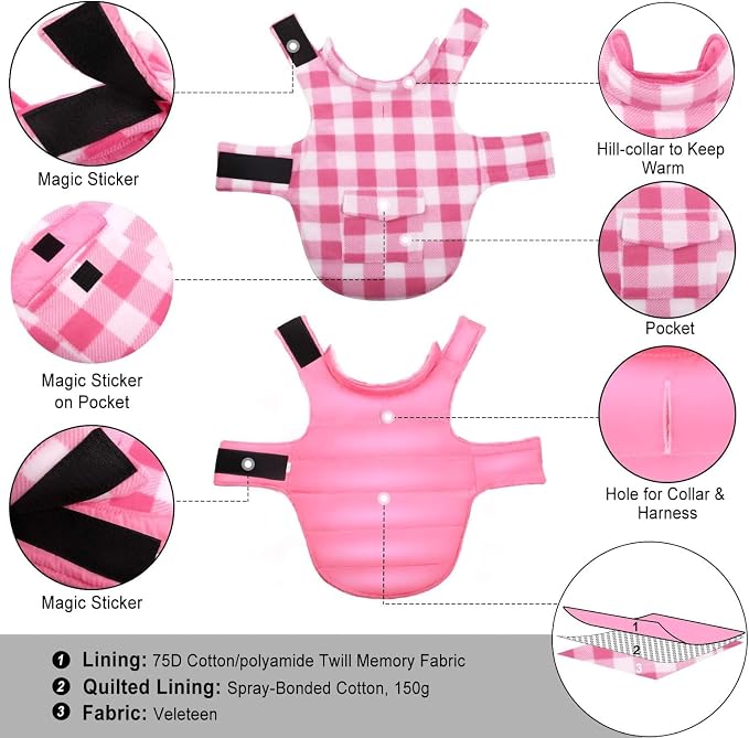 ASENKU Reversible Dog Winter Coat, Dog Jacket for Small Medium Large Dogs | Windproof Plaid Fleece Lining for Cold Weather, Water-resistant Outer Shell, Puppy Puffer Vest with Leash Hole, Pink 3XL