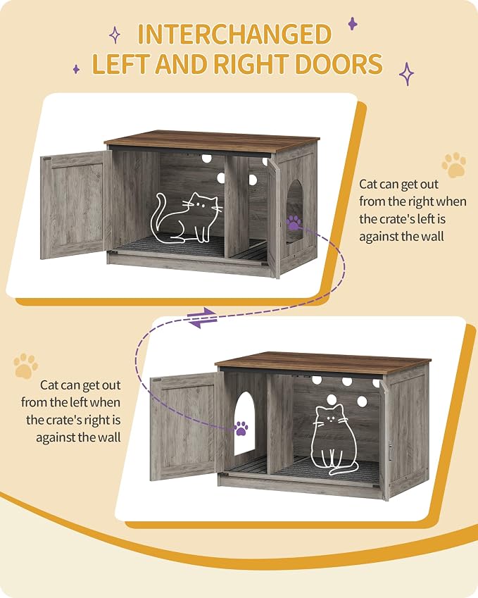 Hzuaneri Cat Litter Box Enclosure, Hidden Litter Box Furniture with Divider | Wooden Cat Cabinet with Removable Dividers, Reversible Entrance Left or Right Side, Cat Washroom, Greige CB84605X
