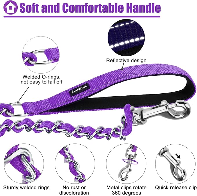 HOMIMP Chew Proof Dog Leash for Medium Large Dogs, Reflective 6 FT Heavy Duty Metal Chain Dog Leashes with Soft Padded Handle, Anti Bite Durable Rope Leashes for Pitbull, Non Chewable