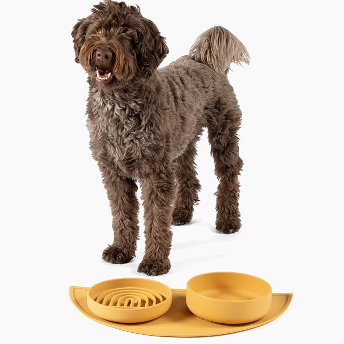 Slow Feeder Dog Bowls - Medium Size Silicone Slow Eating Dog Bowl for Puppies & Dogs with Suction Cup -Dishwasher-Safe, Lick Mat Design, Reduces Gulping,for All Breeds,7.5”x1.5”- Honey