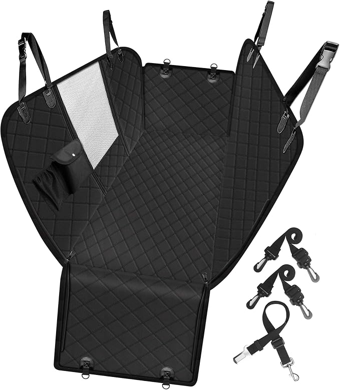 Femuar Dog Car Seat Cover with Storage Pockets Mesh Visual Window, Waterproof Nonslip , Heavy Duty Scratchproof Pet Dog Back Seat Cover Hammock for Cars Trucks and SUVs