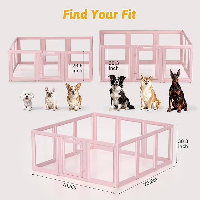 DIY Clear Acrylic Dog Playpen House,Quick Easy Assembly and Disassembly,Strong Floor Suction,Indoor and Outdoor Use,Easy Cleansing Puppy Fence (Skin Pink, 30.3" H, 12PCS)