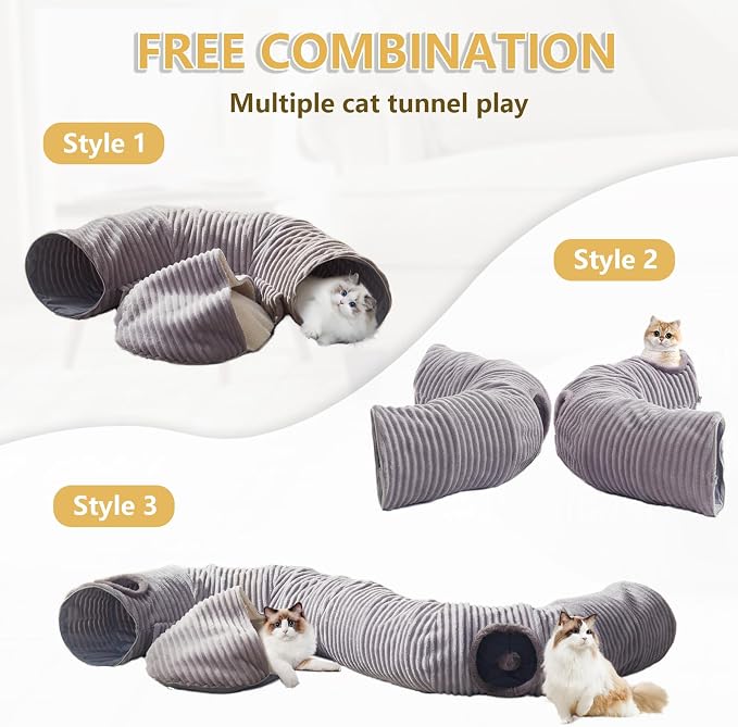 Cat Tunnel Bed for Indoor Cats - Cute Cat Donut Tunnel with Washable Circle Cushion and Blackout Tent Round Pet Play Toy for Kitten/Puppy/Rabbit, Grey