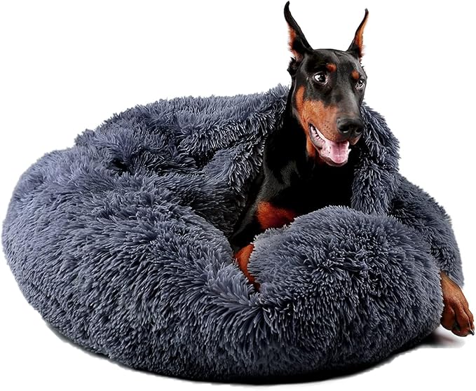 Himax Covered Large Dog Bed with Blanket Attached Calming Burrow Deep Grey | 35in Anti-Anxiety Donut dog bed with cover, Washable Round Fluffy Pet& Cat Beds for Indoor