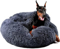 Himax Covered Large Dog Bed with Blanket Attached Calming Burrow Deep Grey | 35in Anti-Anxiety Donut dog bed with cover, Washable Round Fluffy Pet& Cat Beds for Indoor