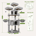 Globlazer Big Cat Tower for Indoor Cats, 68 inch Cat Tower for Multiple Adult Cats XL Cat Tree with Scratching Post, 3 Perches, 2 Condos, 2 Basket, Removable Pet Bed, F68B, Light Grey