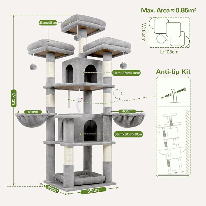 Globlazer Big Cat Tower for Indoor Cats, 68 inch Cat Tower for Multiple Adult Cats XL Cat Tree with Scratching Post, 3 Perches, 2 Condos, 2 Basket, Removable Pet Bed, F68B, Light Grey