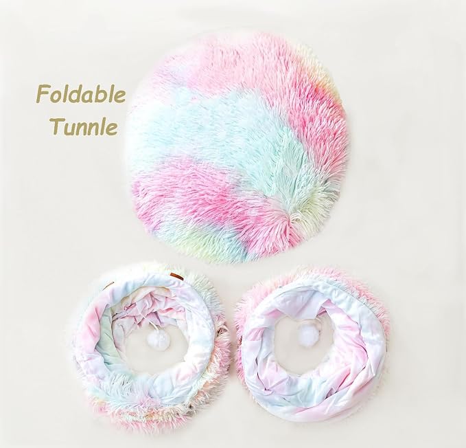 Cat Bed Tunnel Tube Toy Rainbow Plush | Collapsible Round Tunnels for Indoor Cats, Interactive Toys Play Tubes with Hanging Ball for Kitten, Puppy, Rabbit