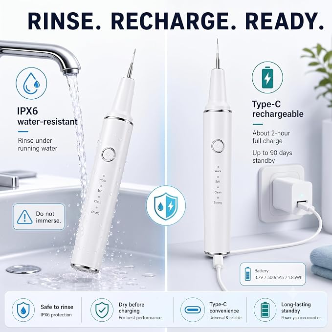 Dog Teeth Cleaning Kit, Ultrasonic Dog Plaque and Tartar Remover | Contact-Activated Pet Dental Care Tool with 3 Modes, 4 Heads, LED Light, IPX6 Rechargeable Dog Cat Teeth Cleaner - White