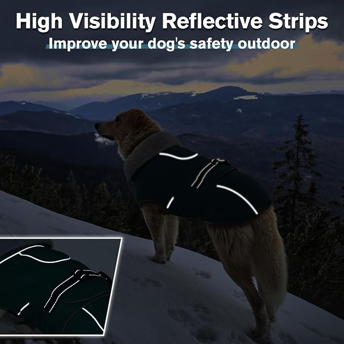Lelepet Dog Coats for Large Dogs Waterproof Dog Jacket with Adjustable Fit | Winter Jacket Reflective Pet Fleece Vest Windproof Cold Weather Coats with Adjustable Buckle & Leash Hole, Dark Green, XXL