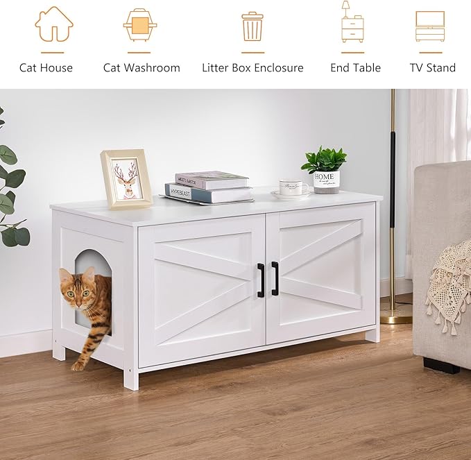 Homhedy 39.4" L Cat Litter Box Enclosure with Barn Door, White | Wooden Cat Washroom Furniture, Cat House, Pet Storage Cabinet, Dog-Proof, Fit Most of Litter Box, Farmhouse Style
