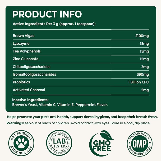 Pet Dental Powder,Oral Care Powder for Dogs & Cats, Dog Teeth Cleaning with Natural Brown Algae，Helps Clean Teeth & Fresher Breath，5.29 oz