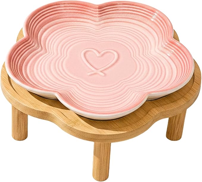 Flower Ceramic Feeding Cat Plate with Raised Bamboo Stand, Pink | Elevated Whisker-Friendly Pet Bowl, Anti-Slip Stable Design, Dishwasher Safe
