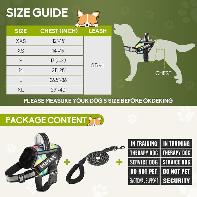 Service Dog Vest Harness and Leash Set, Animire in Training Dog Harness with 10 Dog Patches, Reflective Dog Leash with Soft Handle for Small, Medium, Large, and Extra-Large Dogs (Multi-Colored,S)