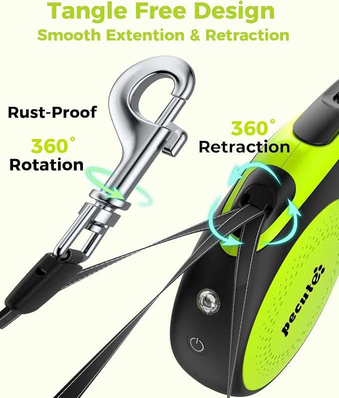 Retractable Dog Leash with Light, 16.4 ft Retractable Pet Leash with Anti-Slip Soft Grip, 360° Tangle-Free, One-Button Control, Reflective Leashes for Small Medium Dog Up to 66 lbs