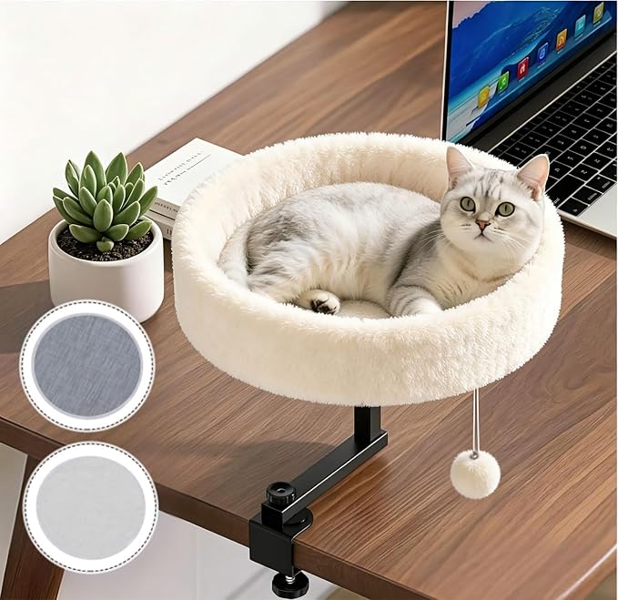 Chumajor Cat Desk Bed - 360° Rotating & Adjustable, Supports 50 lbs, Soft Faux Fur with Dual-Sided Reversible Mat, Modern Indoor Cat Nest Furniture for Office Desks and Game Tables, Island Table white | Secure Clamp Design Installs in Minutes Without D...