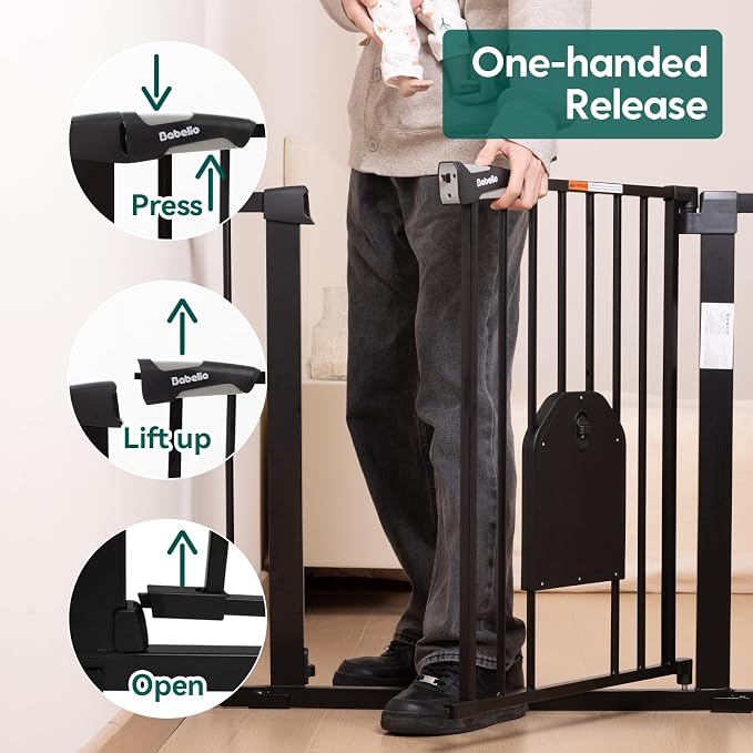 Babelio Auto Close Baby Gate with Cat Door, CatPrivilege I, 29-43" | Safety Gate for Doorway & Stairs, Easy Walk Thru with Pet Door, Includes 4 Wall Cups and 3 Extension Pieces, Black