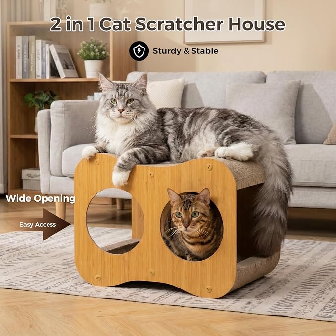 Avont 2-in-1 Cat Scratcher with Reversible Scratching Board, Curved | Protects Furniture, Durable Wooden Frame, Easy Assembly, Tunnel