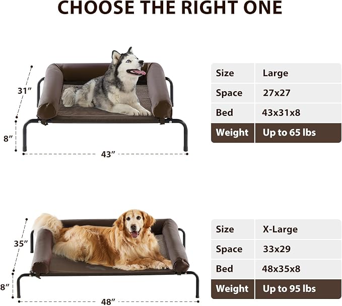 Cooling Elevated Dog Bed for Large Dogs – Waterproof Raised Dog Cot with Slope Headrest, Breathable Teslin Mesh, Durable & Portable Pet Bed for Indoor and Outdoor Use, Brown