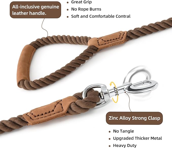 Mile High Life Dog Leash Braided Cotton Rope w/Leather-Wrapped Ends/Handle | Rust-proof 360° swivel clasp, Heavy-duty for medium/large breeds. Great for weddings, daily walks (5 FT, 1/2", Camel)