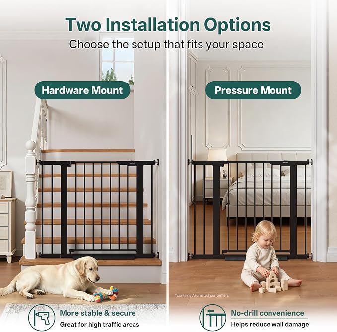 InnoTruth 27-36.6 in Wide Baby Gate for Stairs and Doorways, Black | Indoor Metal Dog Gate for Pets, Auto Close 2 Way Swing Walk Through Door, Double Lock & Y-Bolts, Pressure or Hardware Mount