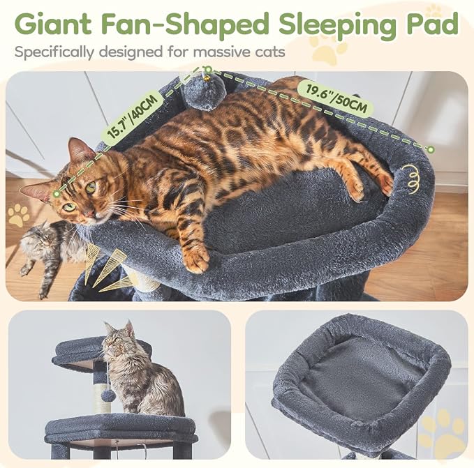 Taoqimiao Cat Tree for Large Cats, 72In Tall Cat Tower, Giant Platform | Widened Cat Condo with Large Scratch Board, 5 Scratching Posts, Metal Frame Hammcock, Cozy Basket, Smoky Gray, MS045G
