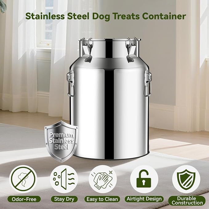 Newget 13lb Stainless Steel Dog Food Storage Container with Scoop | Airtight Seal, Hangable Lid for Easy Access, Scoop Included, for Cat Food, Bird Seed, Rice, Grain, Pantry Storage