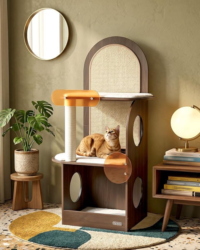 47" Solid Wood Cat Tree, Modern Cat Furniture for Large Cats | Scratch-Resistant Hardwood, Walnut or Maple Finish, Machine-Washable Cushion, Anti-Tip Base, 30-Min Assembly, Indoor Use