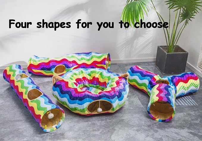 Cat Tunnel -Straight-Shaped, Rainbow Wave Color, Soft Velvet Exterior, Oxford Fabric Fog-Proof Interior, Plush Toy Ball, Easily Washable, Conveniently Foldable, 47.2in/120cm