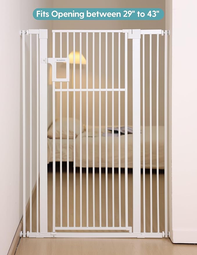 No Pawblems 55" Extra Tall Pet Gate, 29"-43" Wide Dog Gate Indoor, White | NO Drilling Pressure Mounted, One-handed Operation, 1.37" Pet-Safe Gap, Auto Close Cat Gate for Doorway Hallway, Dual-Lock