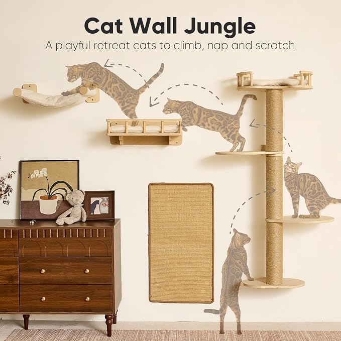 FUKUMARU Cat Wall Shelves, 4 in 1 Set, Beige | Stable Wooden Wall-Mounted Furniture Set, Climbing Tree with Hammock, Bed, Perch and Scratching Mat
