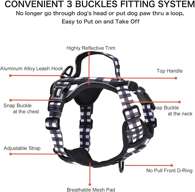 Petmolico No Pull Dog Harness Set with Leash Attachment Easy Control Handle Reflective Harness Vest Small Breed, Puppy Vest and Leash Set with Poop Bag Holder, Small - Plaid