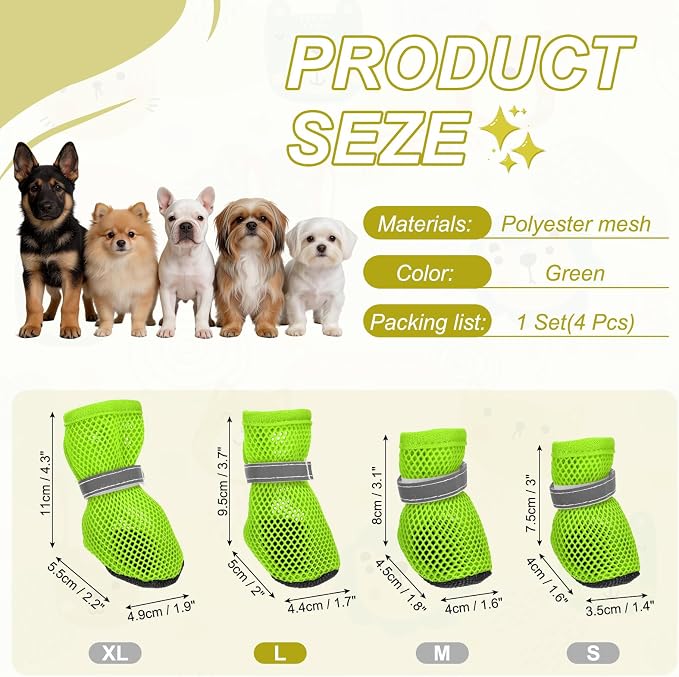 Dog Boots Paw Protector, Reflective Adjustable Non Slip Mesh Summer Breathable Dog Shoes Dog Walking Boots (L Size, Green, 4 Pcs) Intended for Paws Waterproof for Dogs/Cat/Puppy