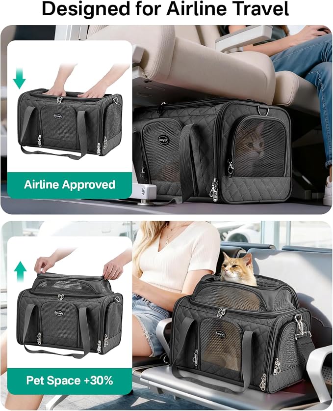 Top Expandable Cat Carrier for Airline Travel, 17x11x9.5 in, Black | Stable reinforced frame, locking zippers, and breathable mesh for airport waits, vet visits, road trips, and daily travel