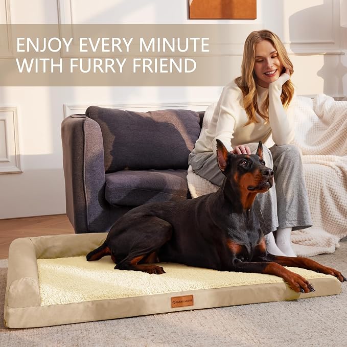 Patas Lague Orthopedic Large Dog Bed Pet Sofa Beds 42''X28''Beige | L Bolster Egg-Crate Foam Dog Couch For Large Sized Dogs, Waterproof Removable Washable Cover, Pet Mat with Nonskid Bottom