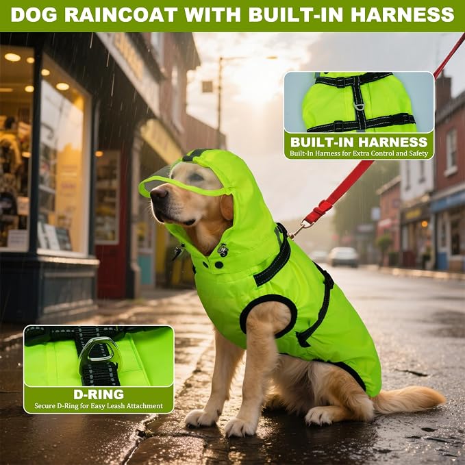 Dog Raincoat with Built-in Harness, Dog Rain Jacket with Clear Hood | Rain Coat For Gaint Dogs, Doggy Poncho With Leash Hole, Reflective Strips, For Rainy Snowy Weather Walks, Hiking Camping, 4XL
