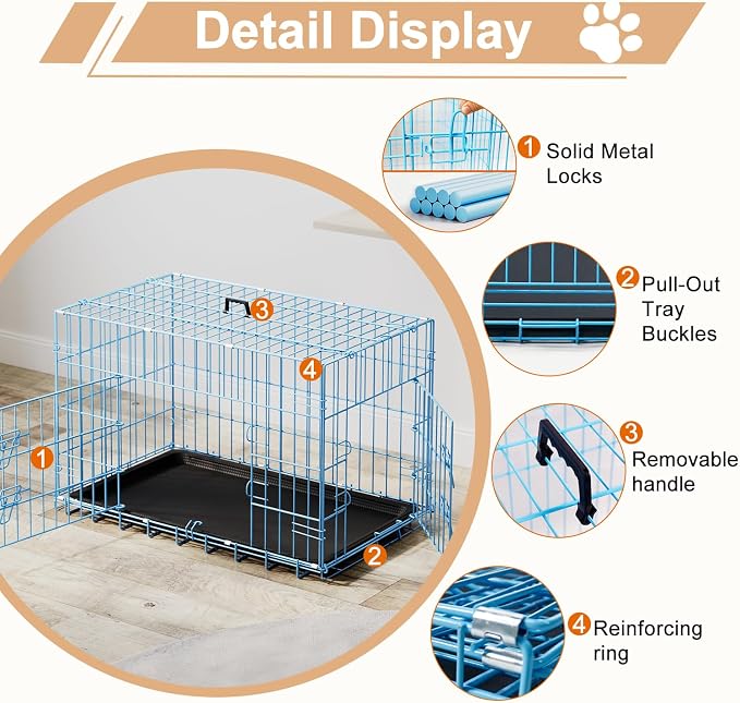 FDW 30inch Dog Crate Pet Cage with Metal Folding Design Plastic Tray Indoor Outdoor Dog Kennel Cage for Small and Medium Dogs,Blue