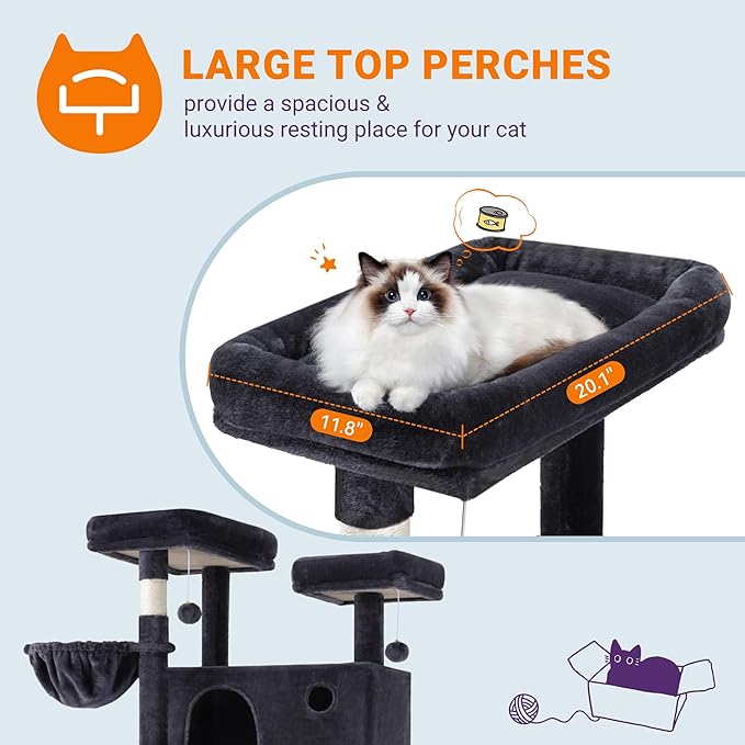 Allewie 81 Inches Tall Cat Tree/Multi-Level Large Climbing Tree House and Towers for Big Feline/Condo and Hammock/Scratching Post/Wide Base/Dark Grey
