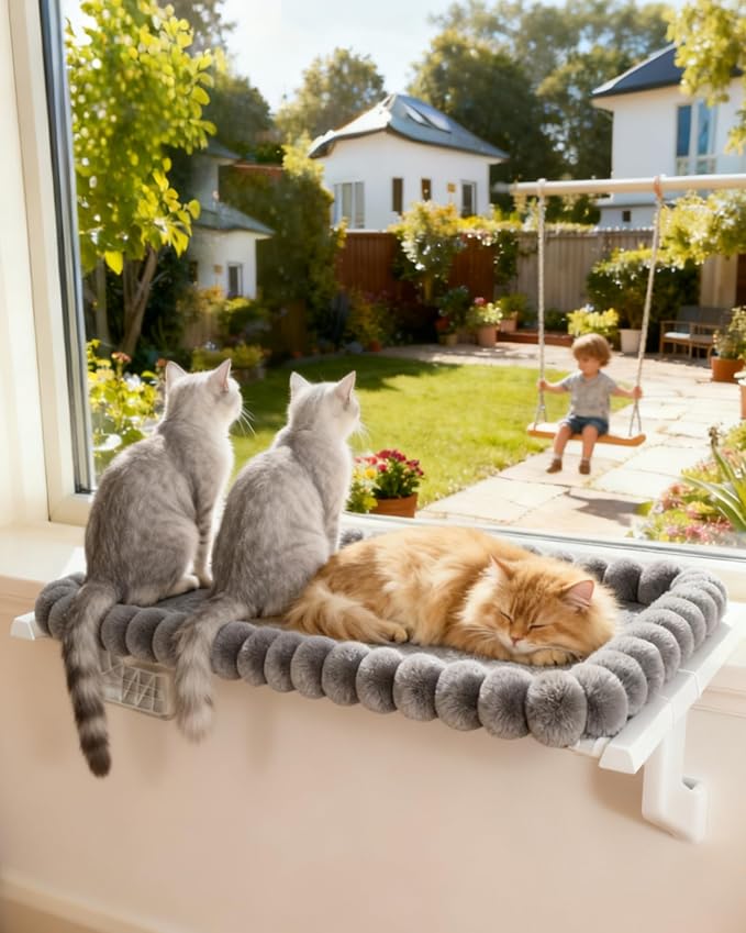 Heavy-Duty Cat Window Perch – Soft, Cozy & Warm Plush Cover with Raised Edge – Durable, Easy-to-Assemble Cat Hammock for Large & Multiple Cats (XL, with Raised Edge)