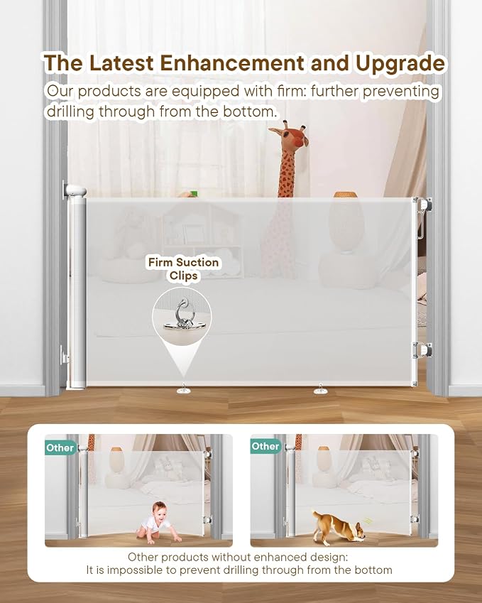 Extra Wide Retractable Baby Gate 71" Wide Fits Large Opening White | Extra Long Mesh Baby & Pet Gate with Anti-Crawling Hook, Safety Lock, No Bottom Bar for Hallway, Open Spaces & Indoor/Outdoor